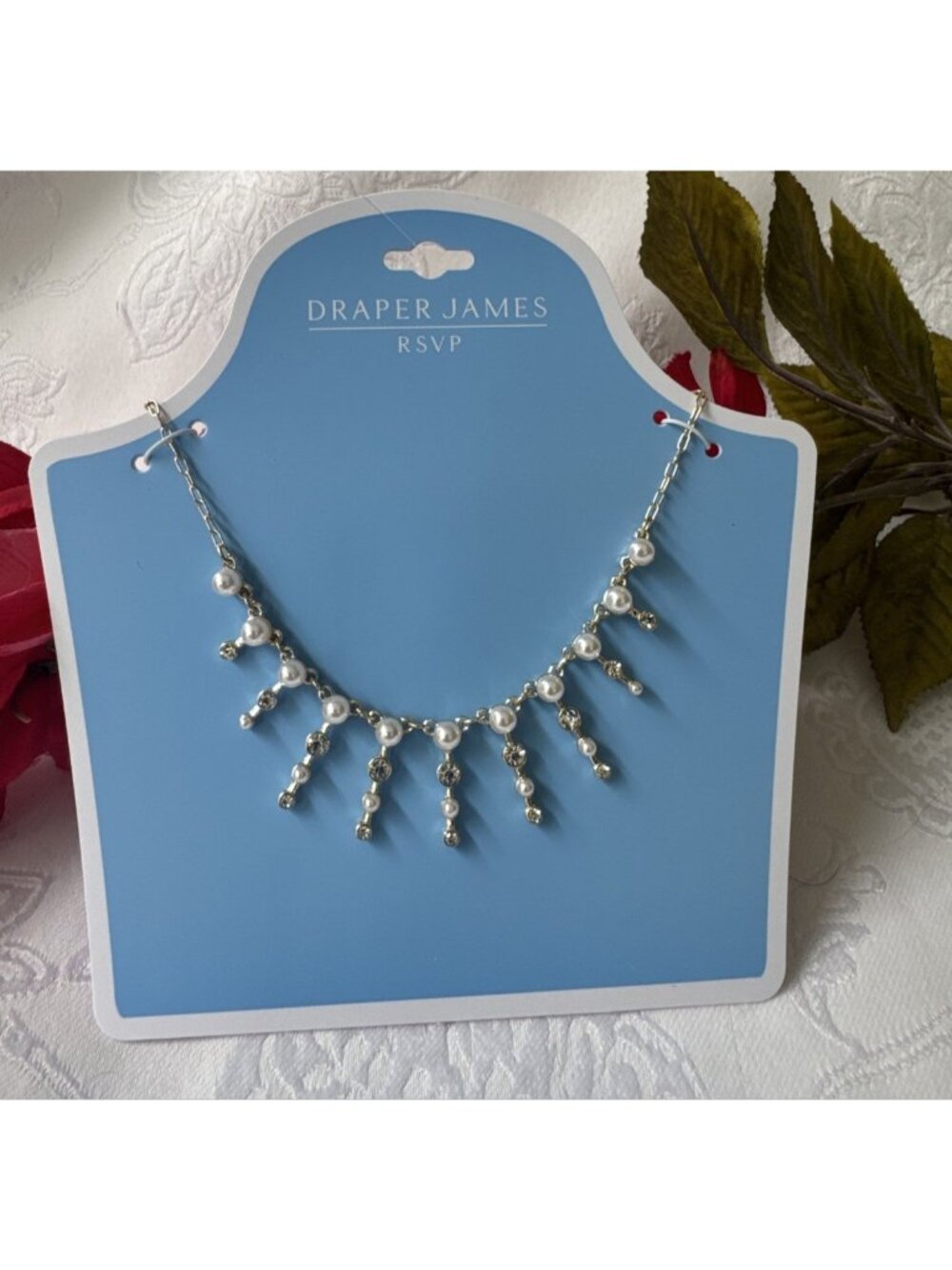 Draper James Silvertone Necklace Rhinestones Pearls Preppy Old Money Style NEW